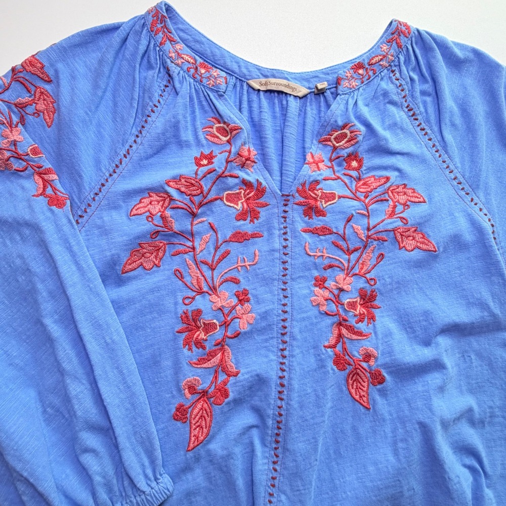 Soft Surroundings Womens Size Small Blue Embroidered Boho Peasant Top - Picture 1 of 9